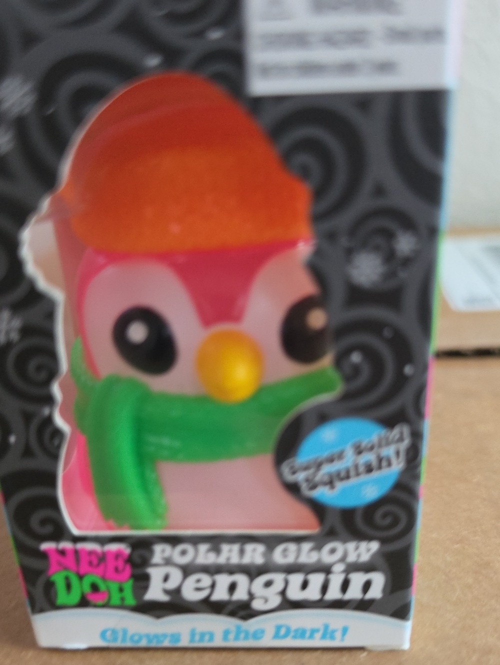 Polar Glow Penguin Squishy Toy - Pink/Orange with Green Scarf